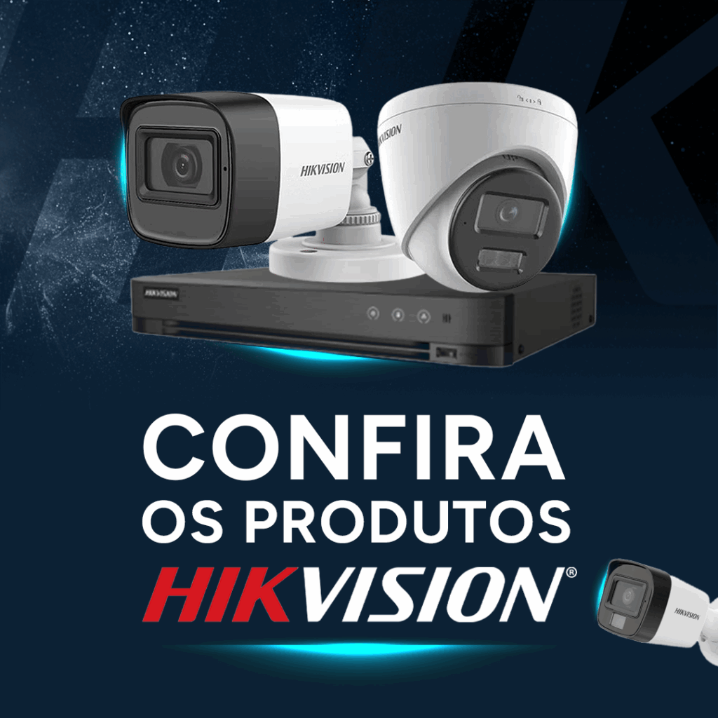 Produtos Hikvision de segurança eletrônica, incluindo câmeras de vigilância e gravador DVR para sistemas de CFTV.